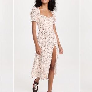 Floral Puff-Sleeve Midi Dress in Cream with Pink Print